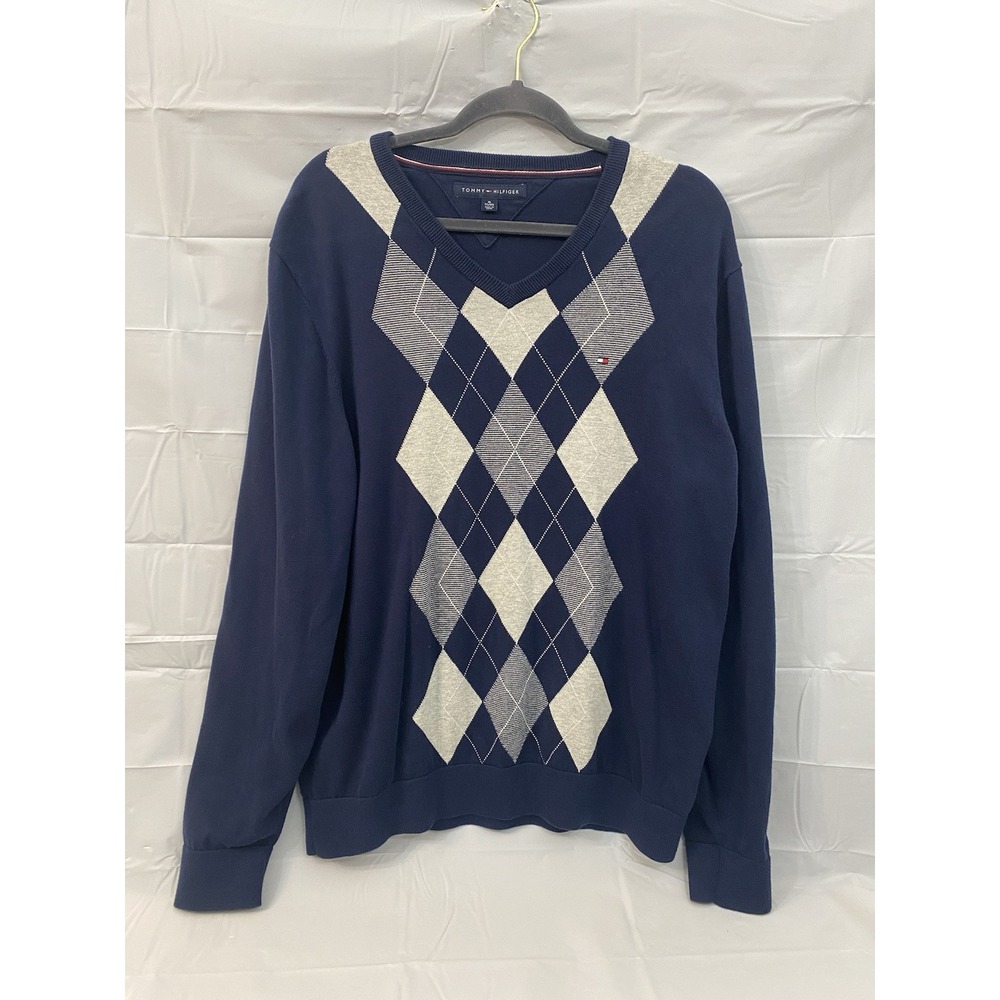 Tommy Hilfiger Navy Blue Argyle V Neck‎  Sweater Mens Sz XL 100% Cotton